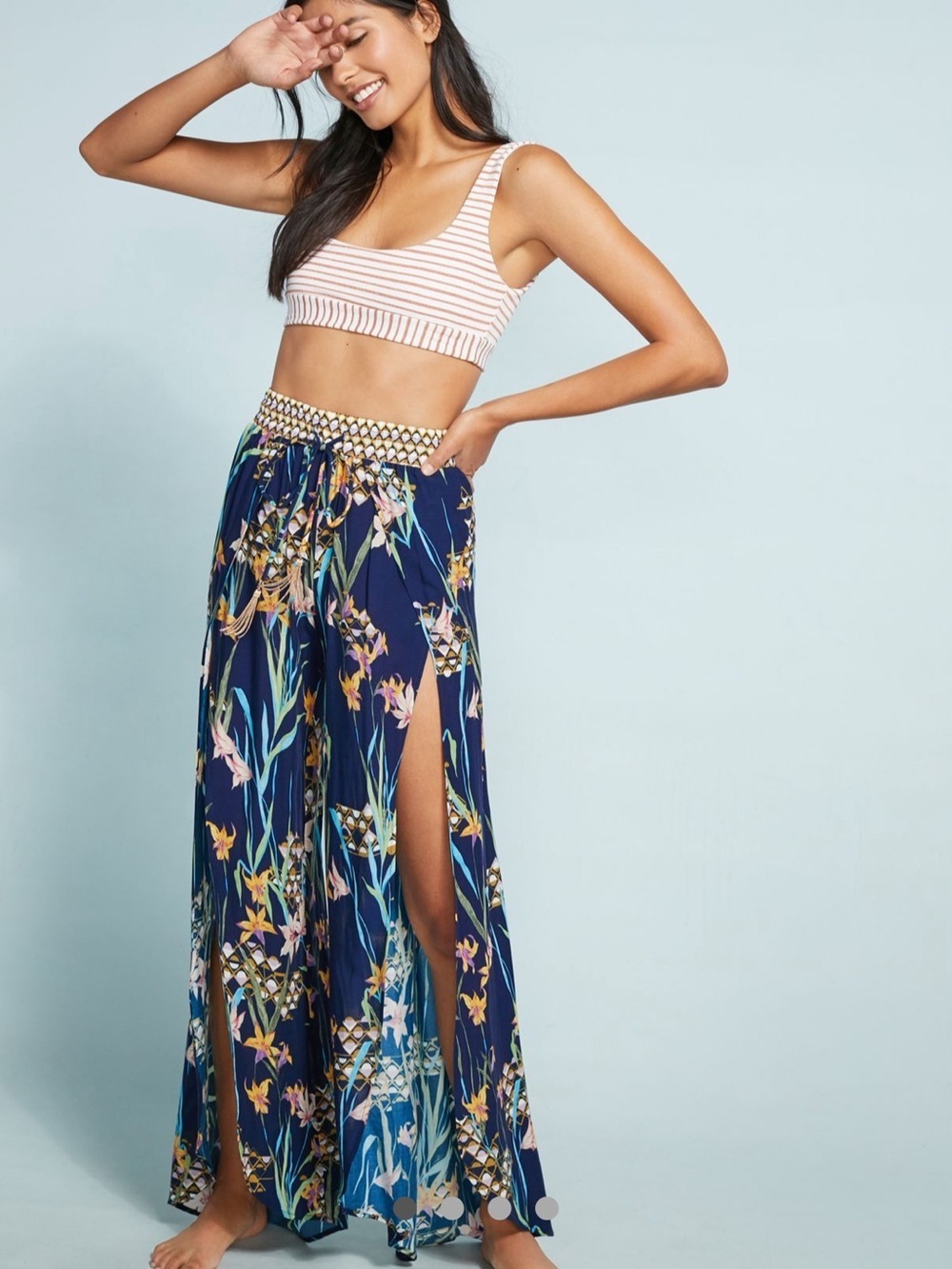 Trina Turk Navy Blue Fiji Floral Side Slits Tassels Coverup Pants Size Medium